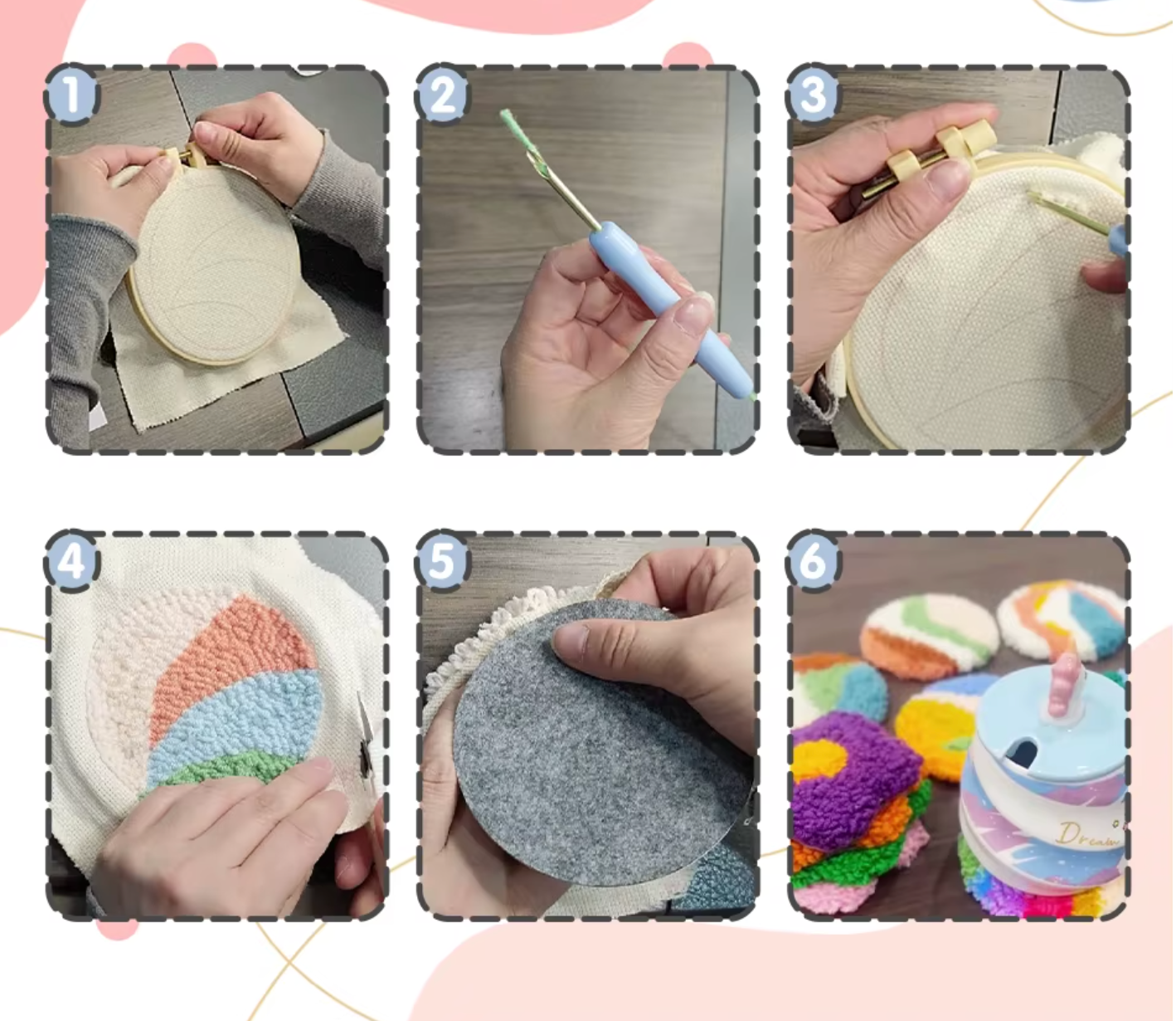 Kit de Punch needle - 6 sous-tasses rondes