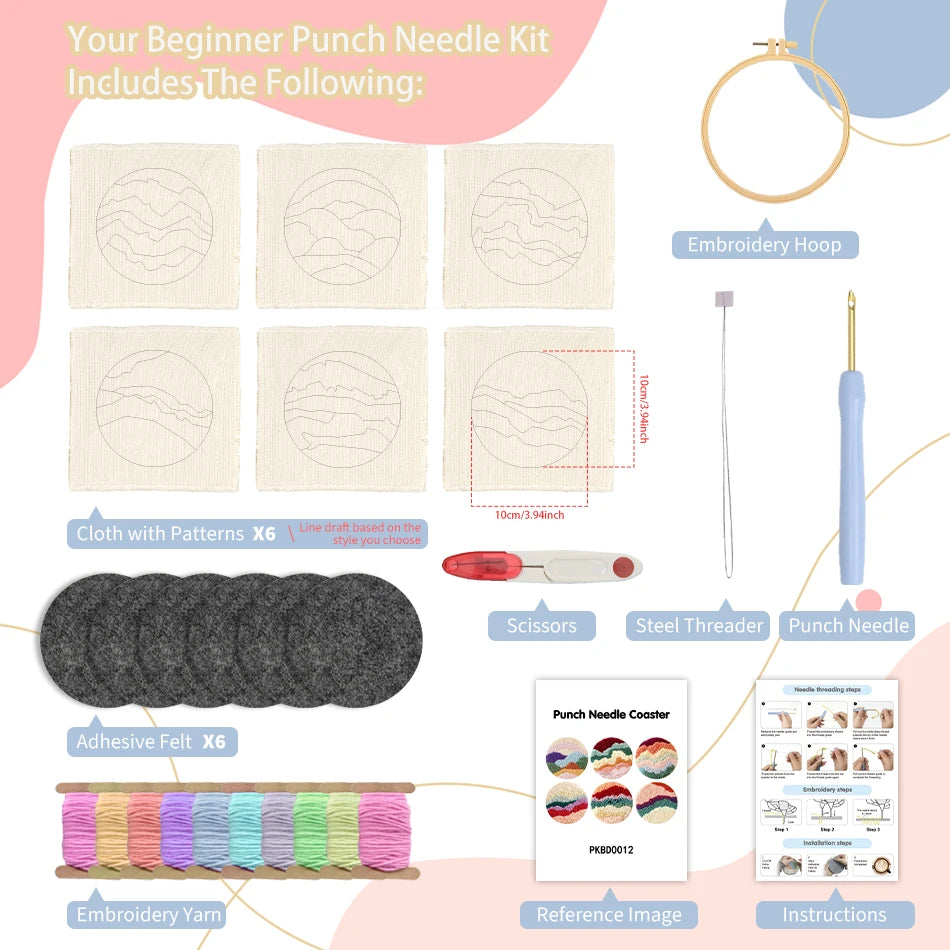Kit de Punch needle - 6 sous tasses à formes